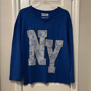 Anthropologie Blue Long Sleeve Tee with NY Appliqué